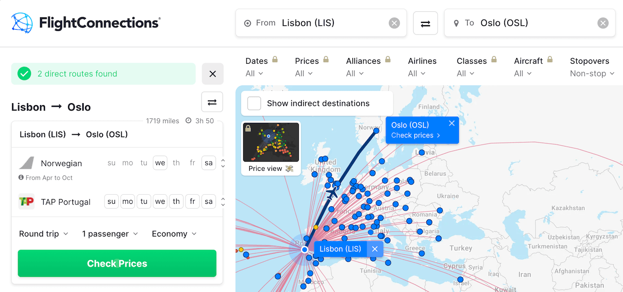 Lisbon to Oslo on FlightConnections